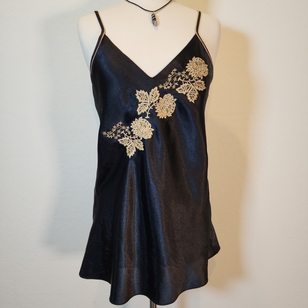 Halston Vintage Black Satin Slip Dress Medium Gold Floral Embroidered Lingerie M